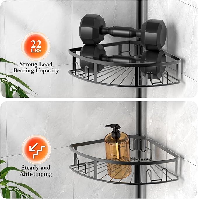4-Tier Rustproof Corner Shower Caddy with Tension Pole, 42-115 Inch Adjustable Height Shower Organizer, Shower Shelves with Hooks, Freestanding Bathroom Organizer - Black