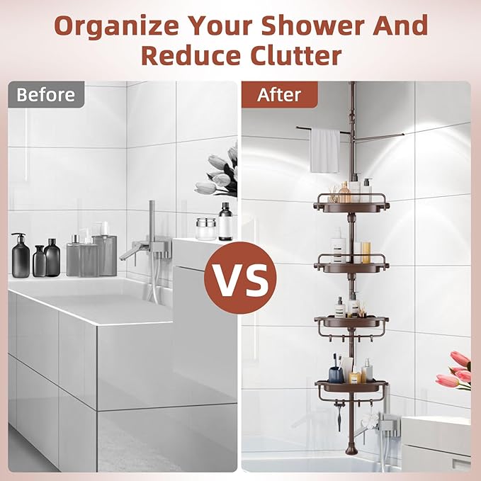 32-122inch Corner Shower Caddy Tension Pole Brown, Rustproof Drill-Free Shower Shelves for Bathroom Bathtub Washbasin, Adjustable Shower Organizer with 4 Tier Patent Stable Shelves & Towel Bars