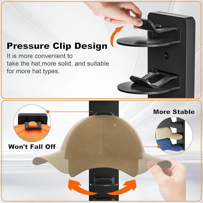 2 Pack Hat Organizer for Baseball Caps, Hat Rack for Wall Hold Up 16 Hats, Strong Adhesive & Screw-in Cap Holder hat hangers for Closet Door & Bedroom
