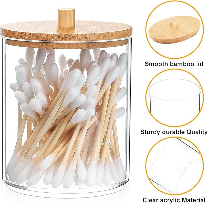 2 Pcs Qtip Holder, Cotton Pads Balls Dispenser Holders, Clear Cotton Swab Makeup Canister, Apothecary Jar Holder Organizer with Bamboo Lid for Bathroom Tabletop Vanity Makeup Storage Box