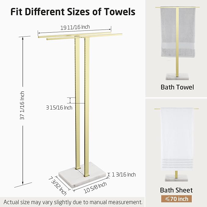 KES Standing Towel Rack with Marble Base, 37" H (Equal Height) Gold Towel Rack for Bathroom Floor, Towel Rack Stand Fits Large Bath Towel, 18/8 Stainless Steel, BTH229-BZ