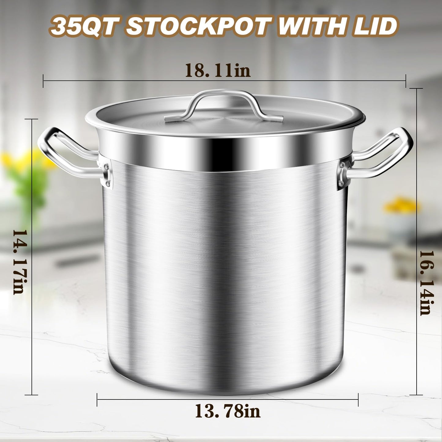 Large Stock Pot - 35QT Stainless Steel Stockpot with Lid, Heavy Duty Tri-Ply Bottom Commercial Grade Stock Pot - Big Pots for Cooking Soup Stew Canning Cooking Pots Even Heat Distribution