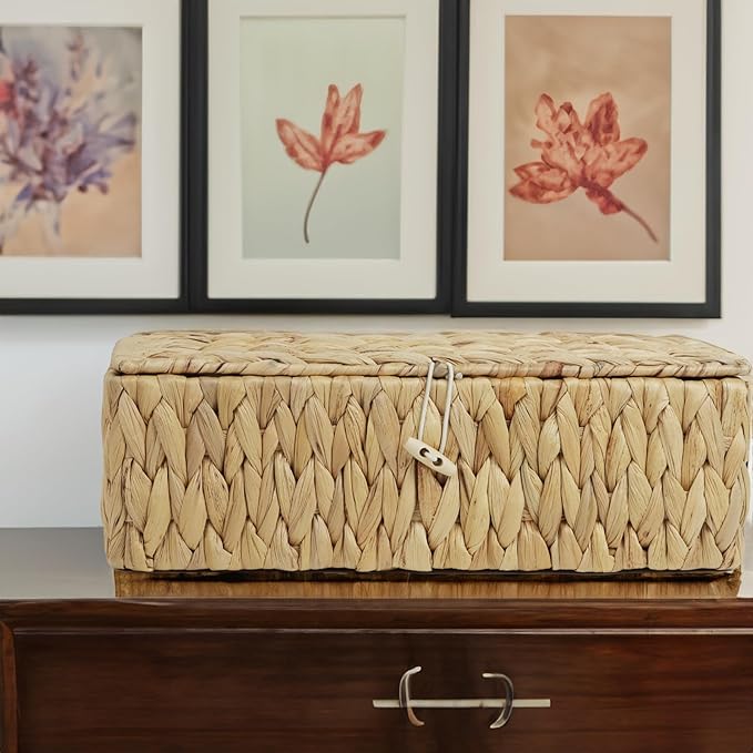 Water Hyacinth Storage Basket with Lid, Rectangular Tank Woven Wicker Baskets with Sections, Decorative Box for Snack Toys Bathroom (Water Hyacinth)