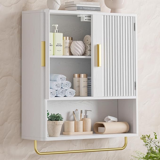 Bathroom Cabinet Wall Mount with Fluted Door Panel & Adjustable Shelf, Medicine Cabinet with Open Partition and Towel Bar, Wall Storage Cabinet for Laundry Room & Kitchen (White)