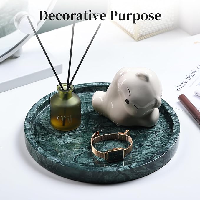 Real Natural Round Marble Tray for Bathroom, Genuine Marble Stone Vanity Tray, Luxury Storage Trays for Kitchen, Vanity, Home Decor, Dresser, Non-Resin/Non-Ceramic, 10"x 1", Green
