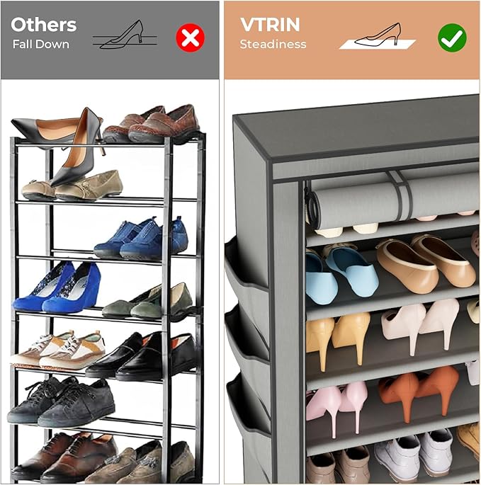 VTRIN Vertical Narrow Shoe Rack Organizer Tall Shoe Rack for Closet Entryway 10 Tier Non-Woven Cover Shoe Shelf Holds 36-41 Pairs Free Standing Shoe Storage Cabinet with Dustproof Cover, Grey