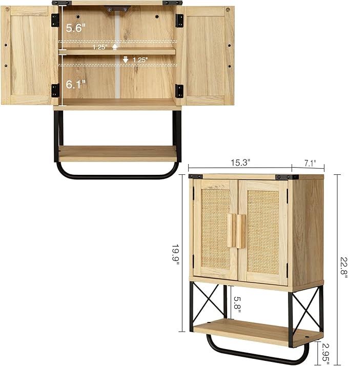 RUSTOWN Farmhouse Rustic Medicine Cabinet with Two Barn Door, Boho Wood Wall Mounted Storage Cabinet with Adjustable Shelf and Towel Bar, 3-Tier Cabinet for Bathroom, Living Room(Rattan)