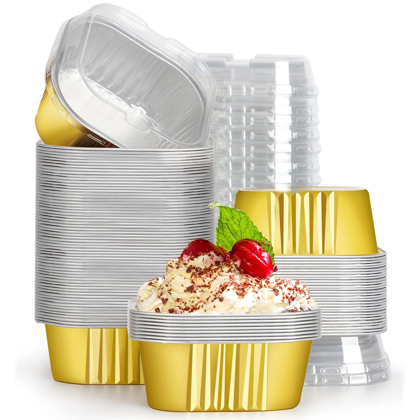 EUSOAR Creme Brulee Ramekins Disposable, 50pcs 10oz Cupcake Liners Foil Baking Cups with Lids, Aluminum Muffin Cups Square Dessert Wrappers Mini Cake Loaf Bread Pans for Wedding Birthday Party