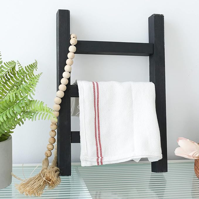 FUIN Wooden Tea Towel Ladder, Mini Ladder Towel Rack Display Hanger, Small Rustic Farmhouse Tea Towel Stand Holder for Country Bathroom Decor, Black