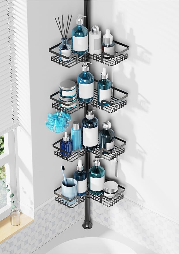 ZUNTO Tension Pole Shower Caddy Corner for Bathroom, Adjustable 25in-114in Floor to Ceiling, Standing Shower Tension Rod Organizer, 4 Tier Storage Shelves with Hooks, Black