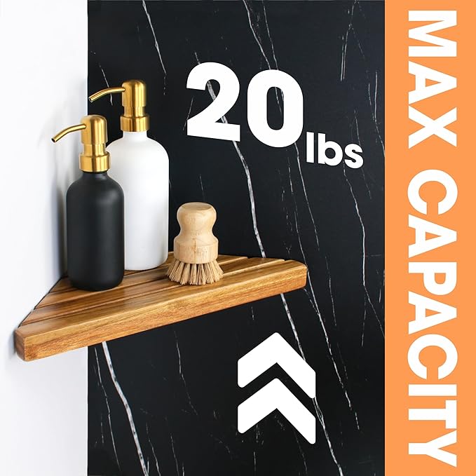 ENKEZI Acacia 2,3 Tiers Corner Shower Shelf, Triangular Corner Shelf Wooden Bathroom Shelf for Tiled Wall, Shower Corner Shelf, No Drilling Requied (2)