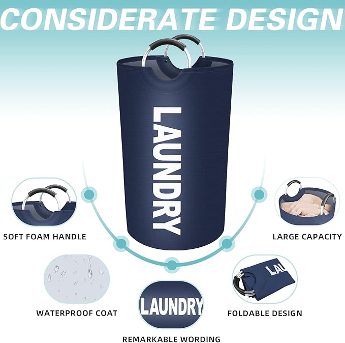 StorageRight 90L Large Laundry Basket, Laundry Hamper, Dirty Clothes Hamper for Laundry, Collapsible, Waterproof Laundry Baskets with Foam Protected Aluminum Handles for Laundry, Dorm, Family (Blue)