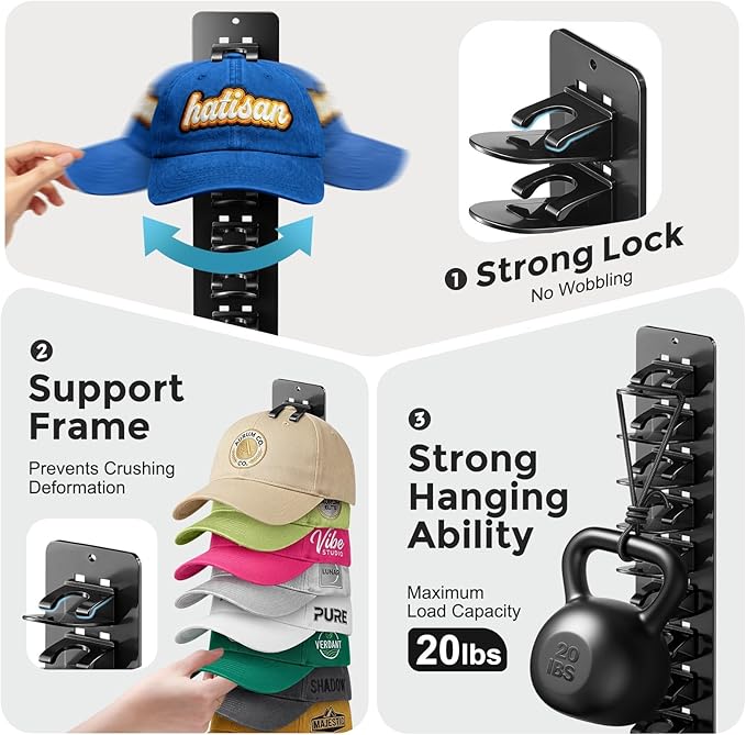 4 Pack Hat Organizer for Baseball Caps, Detachable DIY Hat Rack for Wall Hat Holder Hold up to 44 Hats, Baseball Cap Organizer Cap Holder Hat Hangers for Wall Closet Door Bedroom(4pcs,Black)
