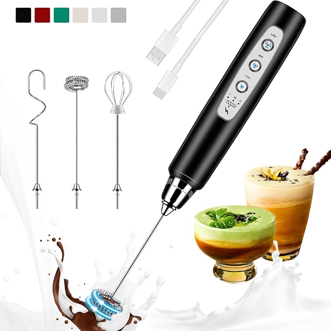 Colarlemo Milk Frother Handheld Rechargeable, Frother Wand Drink Mixer Electric Whisk for Coffee, Detachable With 3 Stainless Whisks, Hand Mixer for Lattes, Cappuccino, Matcha, Egg, No Stand, Beige