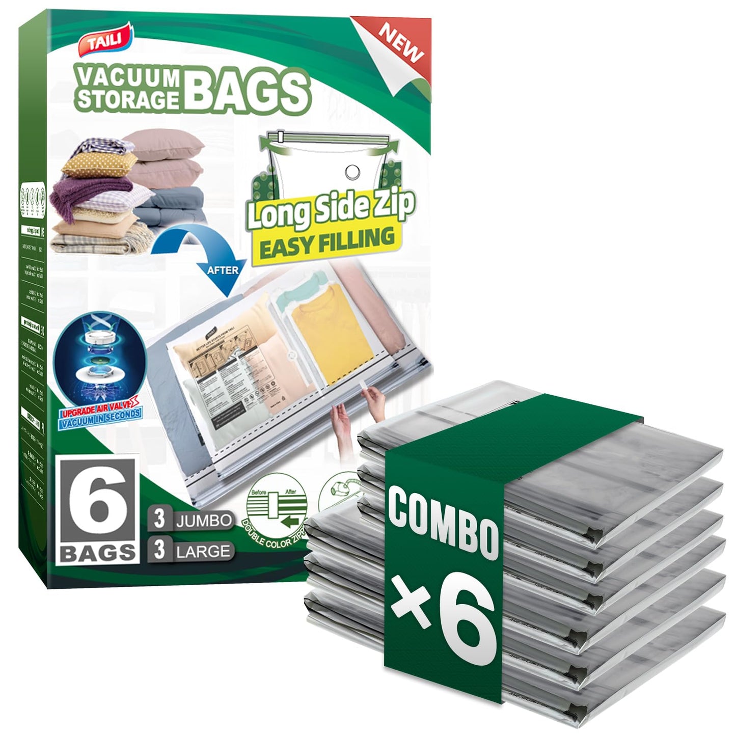 TAILI 8 Pack Vacuum Storage Bags, 2 Size Combo(4 Large+4 Jumbo), Clear