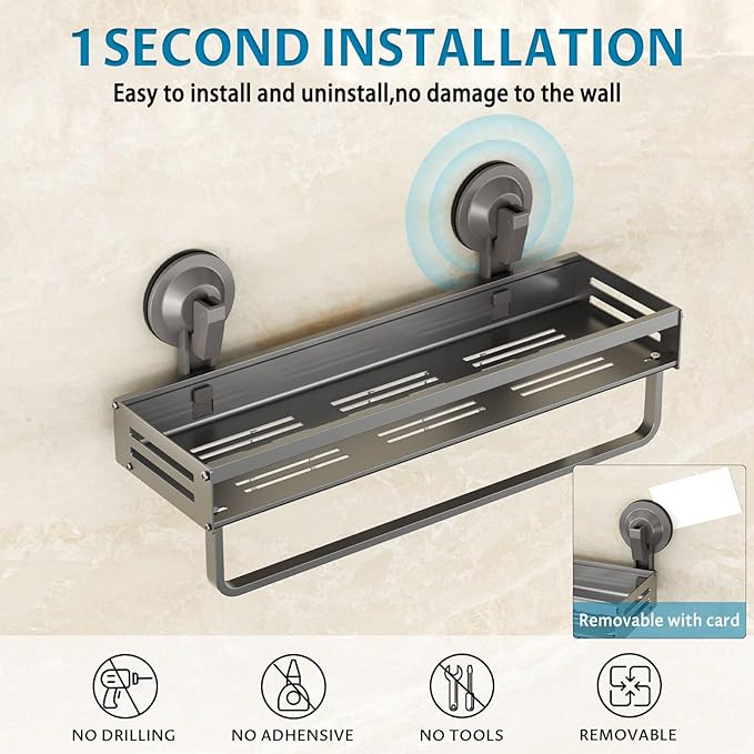 Onemake Shower Caddies Suction Cup, 2 Pack 15.7 inch Aluminum Suction Showers Organizer with Towel Bar & Hooks, Rustproof Shower Shelves, No Drilling Bathroom Shelf Storage Rack, Gray