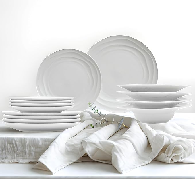 Pots & Patterns Organic Wave Dinnerware Set, 12-Piece Nature-Inspired Porcelain Dinner Plates & Bowls Set for 4, Wide Rimmed Pasta Bowls, Modern White Dishes for Hosting, Dishwasher & Microwave Safe