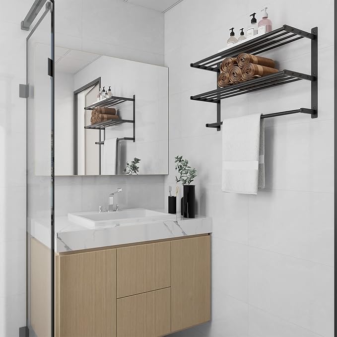 Hotel Towel Racks for Bathroom Wall Mounted, BETHOM 24 Inch Towel Shelf for Bathroom, 3-Tier Bathroom Towel Rack with Tower Bars, Matte Black