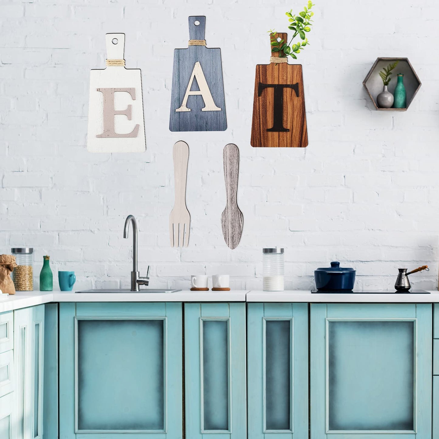 Jetec Cutting Board Eat Sign Set Hanging Art Kitchen Eat Sign Fork and Spoon Wall Decor Rustic Primitive Country Farmhouse Kitchen Decor for Home Decoration(Gray, White, Brown)