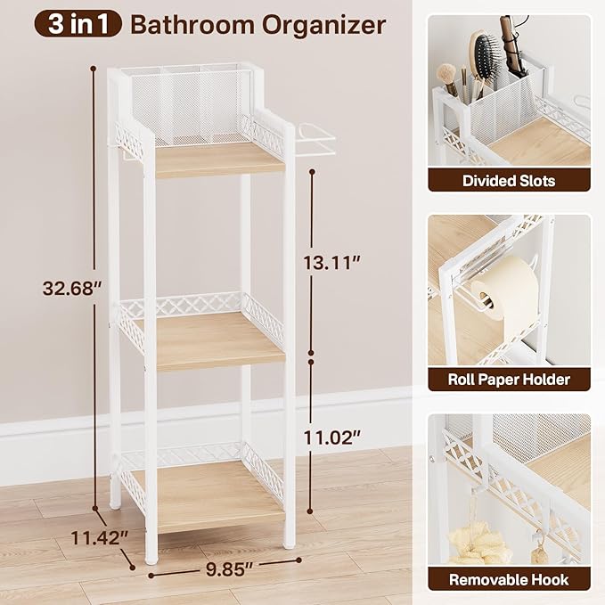 Slim Bathroom Storage Shelf Unit, 3 Tier Corner Storage, Rustic Makeup Organizer, Space-Saving Floor Standing Storage Shelves for Bathroom, Vanity,Kitchen, Laundry 9.85im Matte White