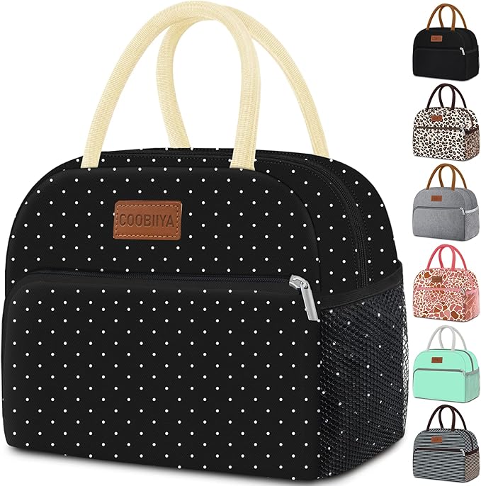 Coobiiya Lunch Bag Women,Lunch Box LunchBag for Women Adult Men, Small Leakproof Cute Lunch Tote Large Capacity Reusable Insulated Cooler Lunch Container for Work/Office/Picnic/Travel-Black Polka Dot