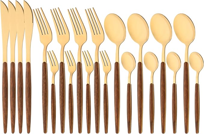 Snplowum 20 Piece (4 Set) Silver Stainless Steel Tableware With Wooden Handle, Wedding Cutlery And Daily Use, Silverware For Home Restaurant Party, Mirror Finished