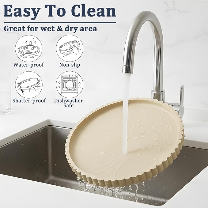 Silicone Bathroom Countertop and Vanity Tray, Round Silicone Bathroom Tray, Modern Bathroom Decor, Coffee Table Decor, Decorative Tray for Candle, Perfume, Plants (Khaki, 9 inch)