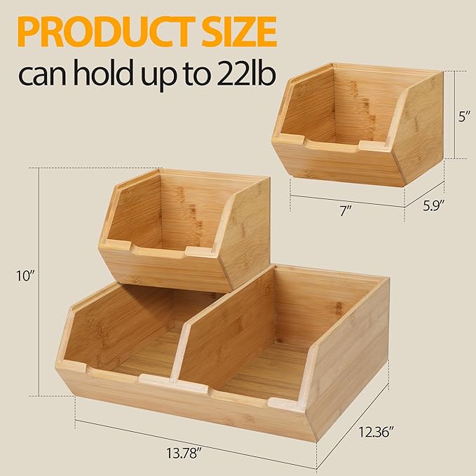 3 Pack Stackable Bamboo Pantry Storage Bins,Potato Onion Storage Bins