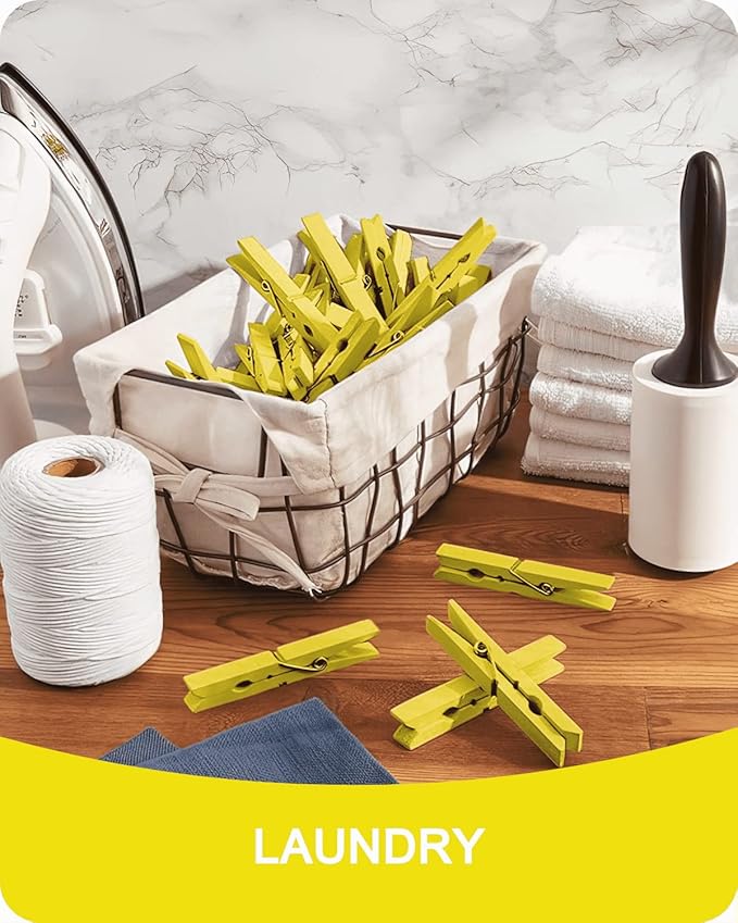 Colored Clothespins, Colorful Clothes Pins Wooden Clips Rainbow Colors 50 Pack Decorative Crafts Pegs Photos Pictures Decoration Clip Clothing Hanging Closepins, 2.83 Inch (Yellow)