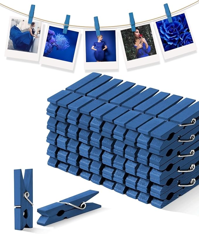 Mini Clothes Pins Wooden Colored Small Clothespins for Photo 1.4 Inch 50 PCS, Navy Blue Tiny Clips Close Pin for Baby Shower Classroom Crafts Project Decorations Hanging Pegs