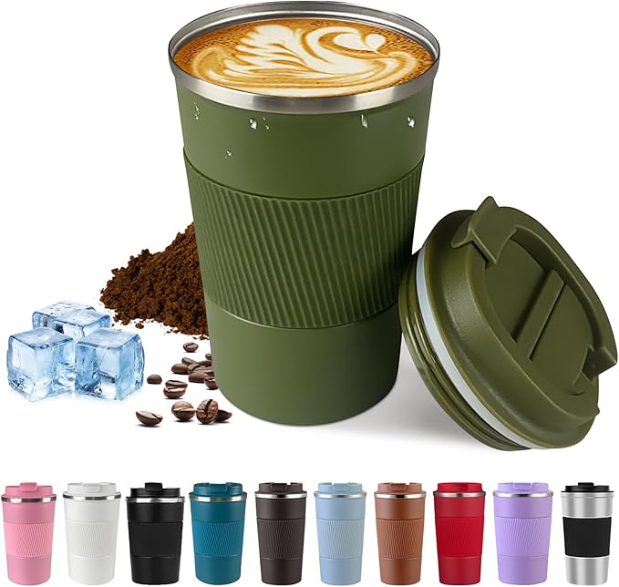 Vacuum-Insulated Stainless Steel Travel Coffee Mug, Leak-Proof Reusable Coffee Cup with Lid - Keep Hot & Cold Drinks for Hours, Durable Insulated Tumbler for Men & Women(3rd-Green, 12OZ)