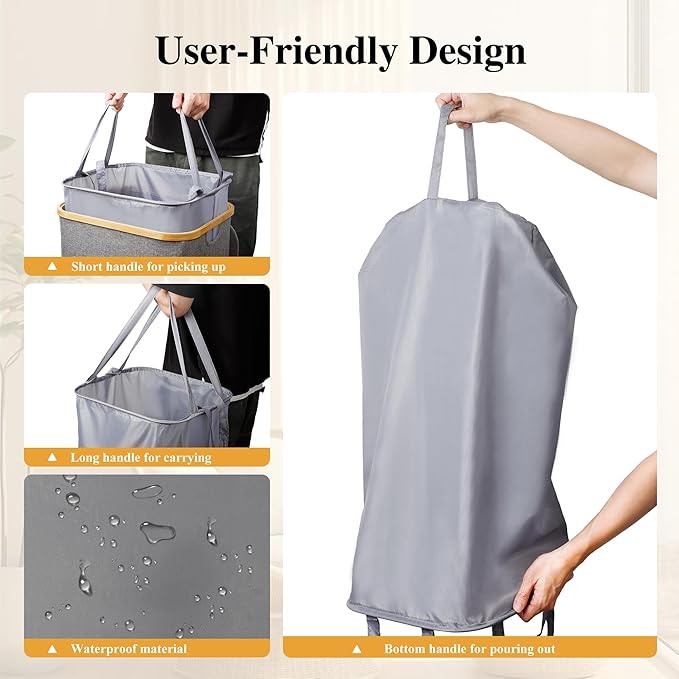 Large Laundry Hamper, 75L Waterproof Laundry Basket with Lid and Removable Bag, Collapsible Tall Clothes Hamper with Bamboo Handles for Clothes Toys in Dorm Bedroom Bathroom, Grey