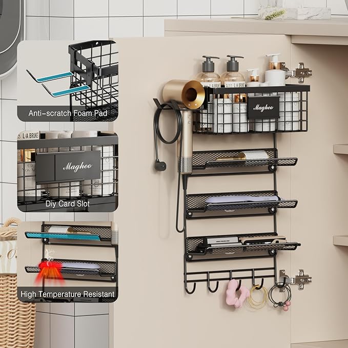 Hair Dryer Holder Wall Mounted, Adheisve Hair Styling Tool Organizer for hair Brush/Appliance Wall Mount with 4 Tier Shelf Basket Hooks Blow Dryer and Straightener Holder for Bathroom(Black)