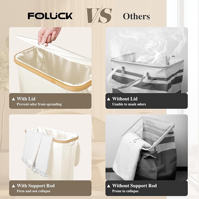 Slim Laundry Hamper, 60L Waterproof Narrow Laundry Basket with Lid and Removable Bag, Collapsible Tall Clothes Hamper with Bamboo Handles for Clothes Toys in Dorm Bedroom Bathroom, Beige