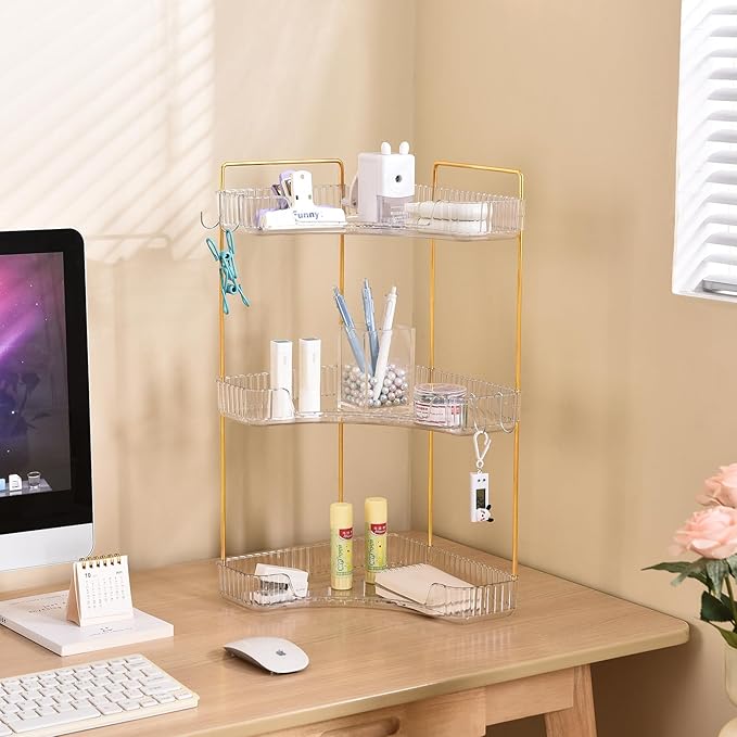 3-Tier Corner Bathroom Organizer Countertop with Hooks, Bathroom Sink Corner Vanity Storage for Makeup, Skincare and Perfume (White Gold)