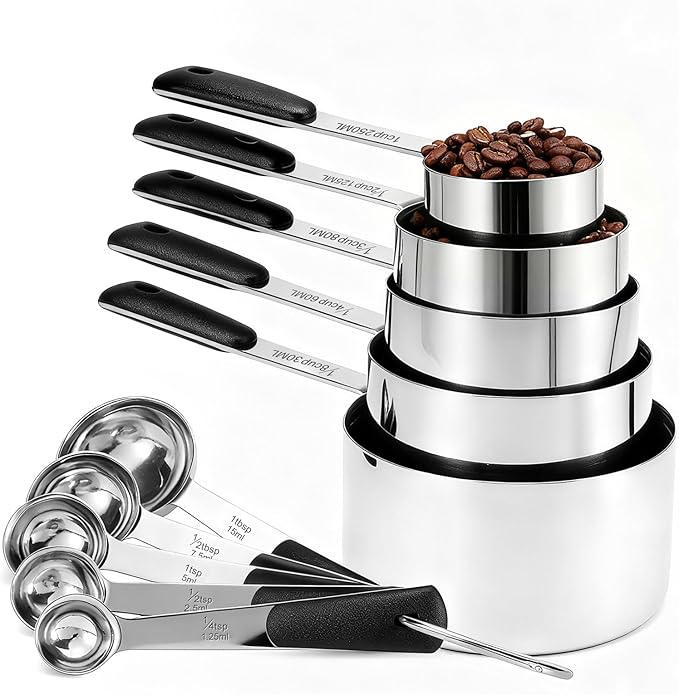 Bopei Measuring Cups and Spoons Set Stainless Steel 10 Piece for Cooking and Baking (5 Cups + 5 Spoons, Colorful Handles)