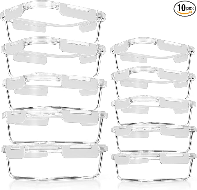 VERONES 10 PACK Glass Meal Prep Containers Set with Lids, Red