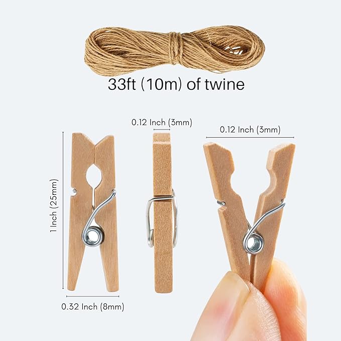 Mini Clothes Pins for Photo, Small Clothespins 200 pcs 1" Natural Wooden Clothespins with Jute Twine, Mini Photo Clips,Small Clothes Pins for Photos, Crafts, Arts, Cocktails