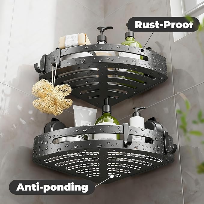 ONXE Shower Caddy Corner,Suction Cup Shower Caddy with Hooks,No Drilling Rustproof Aluminum Bathroom Organizers and Storage,Shelves for Bathroom Accessories Decor (1)