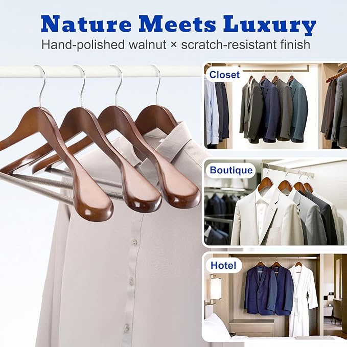 HOUSE DAY Wide Shoulder Wooden Hangers 12 Pack, Wood Suit Hangers for Men with Non Slip Pants Bar, Smooth Finish Solid Wood Coat Hanger for Jacket, Pants, Dress, Heavy Clothes Hanger (Walnut)