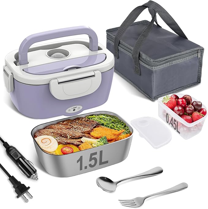 Vabaso Electric Lunch Box Food Heater, Electric Heating Lunch Boxes Lunch for Adults/Men/Car/Truck, 80W 1.5L Removable 304 Stainless Steel Container, 110V/12V/24V, with Fork & Spoon