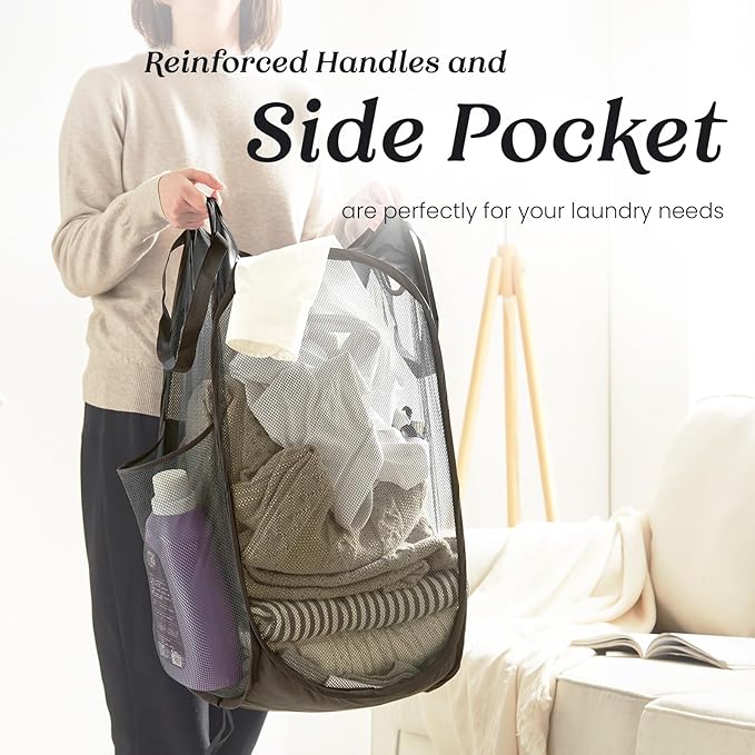 TECHMILLY Upgraded 105L Collapsible Mesh Pop Up Laundry Hamper with Sturdy Handles and Side Pocket - Portable Foldable Clothes Baskets for Dorm, Bathroom & Travel Storage (Black Plus)
