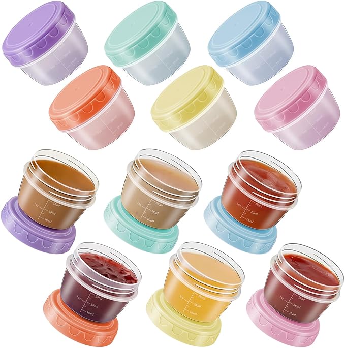 Salad Dressing Container to Go with lids,Dishwasher and Microwave Safe Tiny Condiment Containers with Graduated Lines, Reusable and Leakproof Small Sauce Containers for Lunch Box 12 Pcs 2.7 OZ Mixed 3