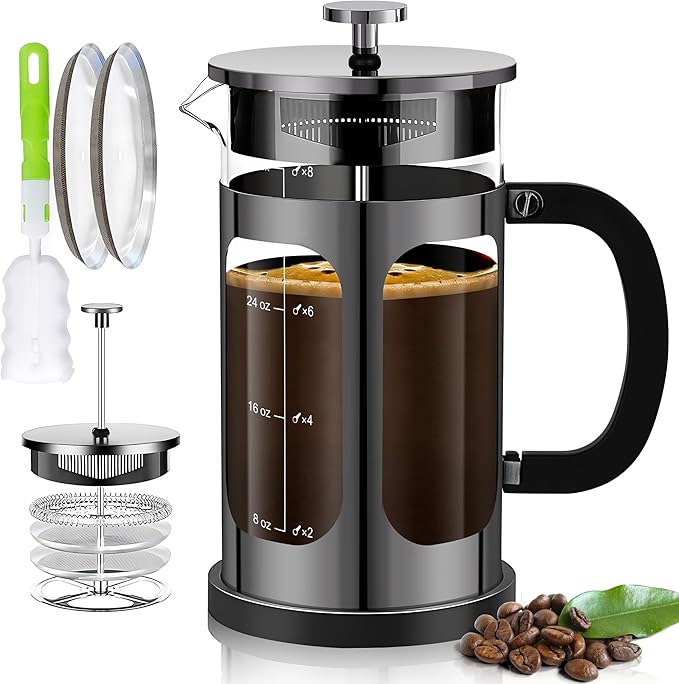 YMMIND French Press Coffee Maker (34oz 1Quart 5-6Cup) Coffee Press, with 4 Filters System, Heat Resistant Thickness Borosilicate Glass, Cold Brew Coffee Tea Pot Gifts (Bright Black)