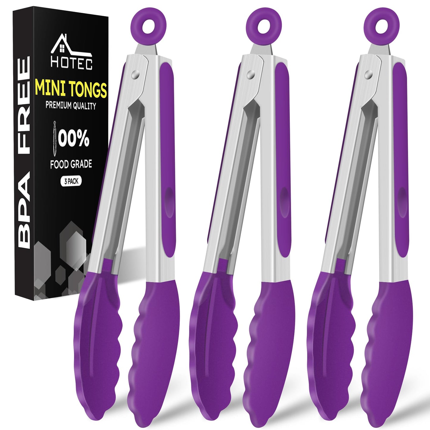 Hotec 7-Inch Mini Silicone Kitchen Tongs, Heat Resistant Non-Stick Small Serving Tongs with Silicone Tips, Food Safe Cooking Tongs Set of 3 (Black, Grey, White)