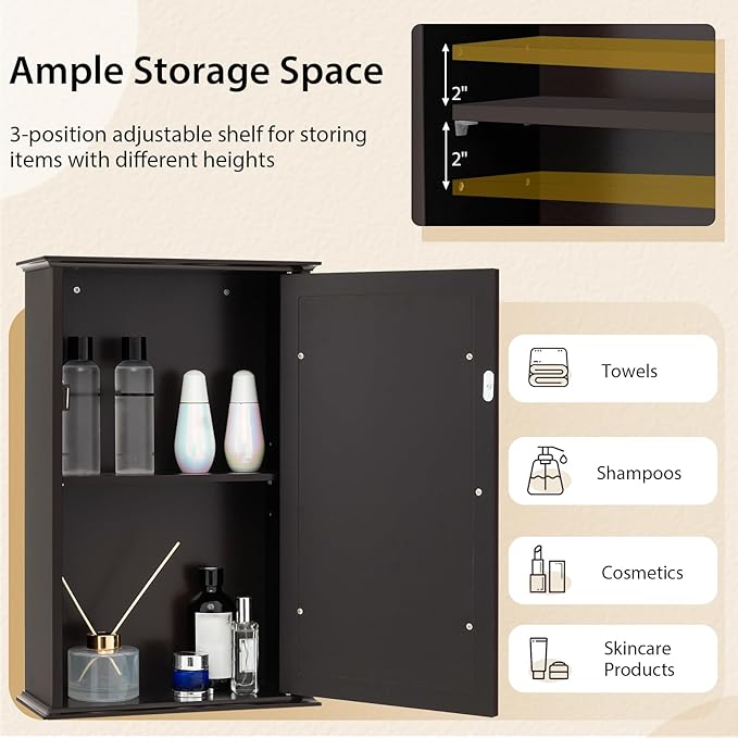 Tangkula Bathroom Medicine Cabinet with Mirror, Wall Mounted Single Mirror Door Storage Cabinet w/Adjustable Shelf, Wall Cabinet w/Reversible Door for Bathroom Living Room Hallway (Brown)