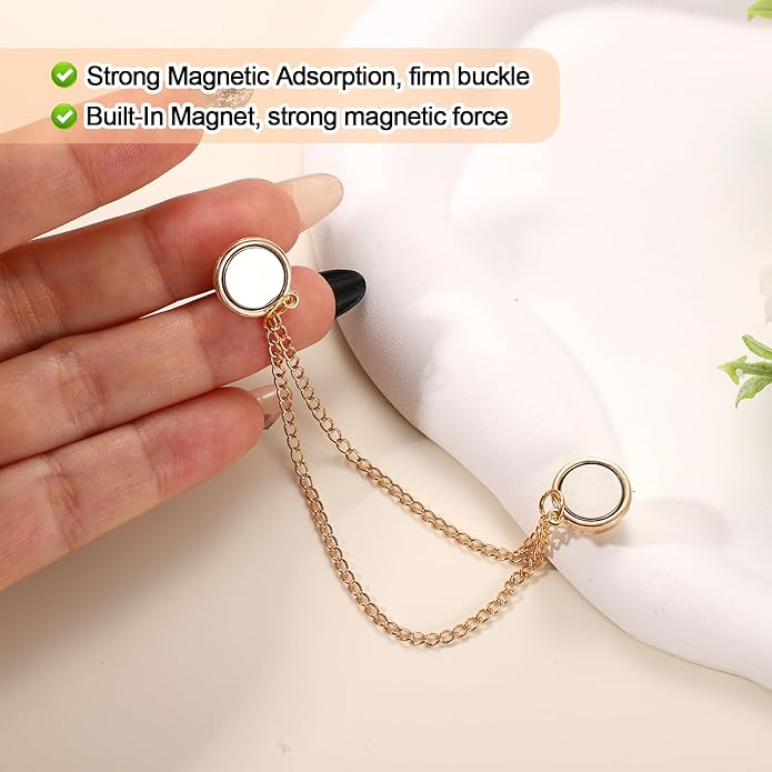 6pcs Magnetic Clothing Clips with Chain, Multi-Function Magnet Button Pins Hijab Cuff Clips for Fixing Hem of Clothes Long Pants Legs Sleeves of Shirts