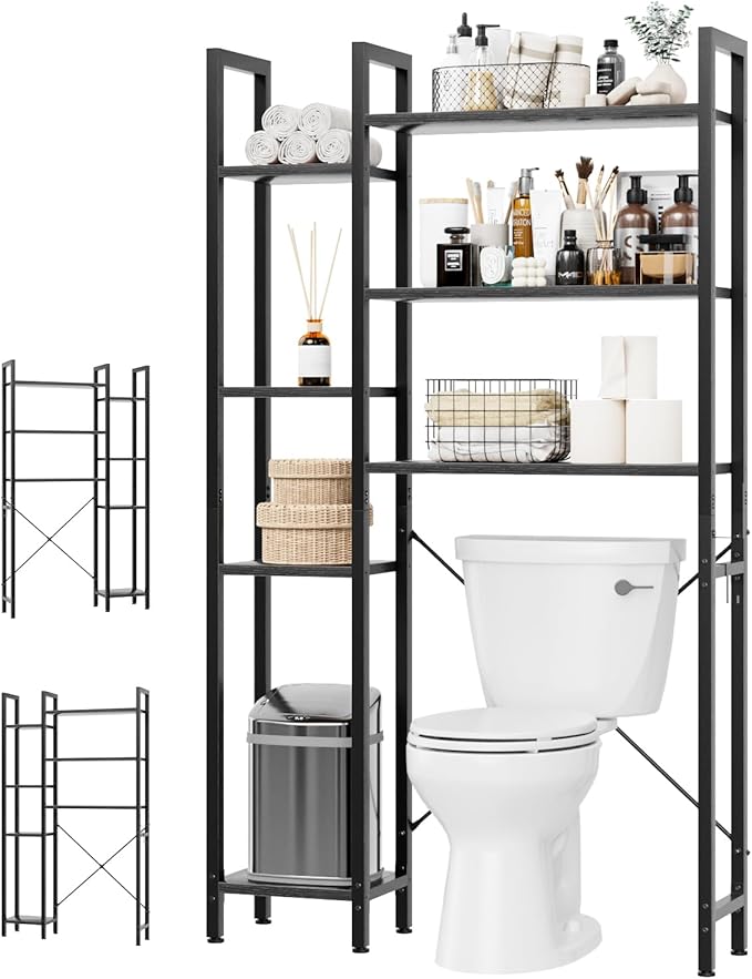 OTK Over The Toilet Storage with 7-Tier Bathroom Organizer Shelf, Freestanding Space Saver with Adjustable Feet & Hooks, Storage Rack for Bathroom, Restroom, Laundry, Black