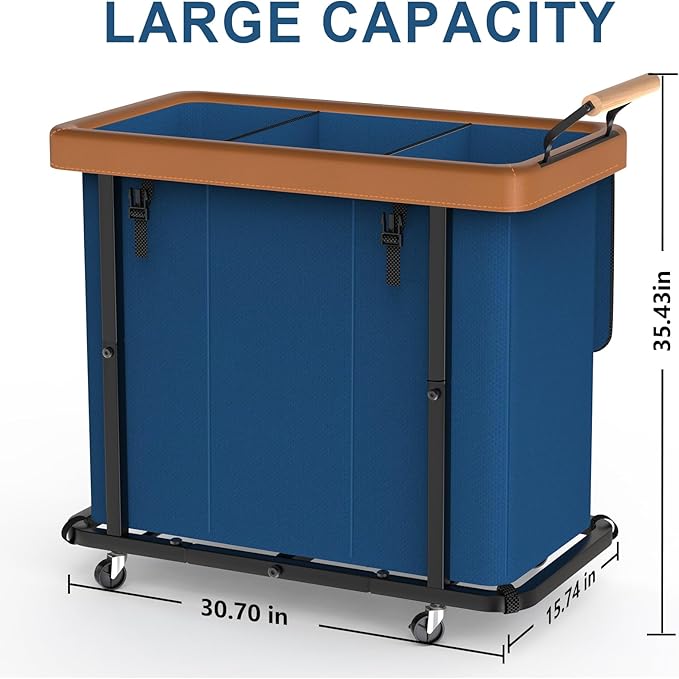 230L (60 Gal) Extra Large Fashion Laundry Sorter 3 Section with Lid, Rolling Laundry Basket Hamper with Handle, Laundry Organizer Storage Cart with Sturdy Metal Frame for Laundry Room, Dark Blue