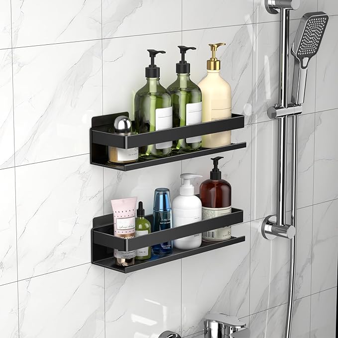 Aluminum Shower Caddy 2-Pack 11.8in, Stick-on Bathroom Rack, Thickened and Sturdy Bathroom Storage Rack Wall-Mounted, no Punching and no Drilling Installation Methods(2 Layers 11.8in)